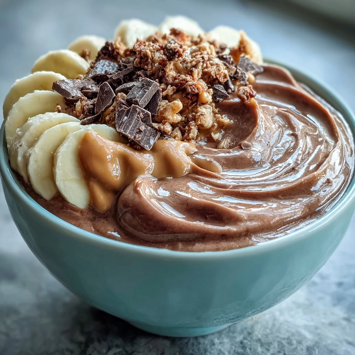 Garnished with dark chocolate pieces and a peanut butter drizzle, this healthy breakfast bowl is served chilled.