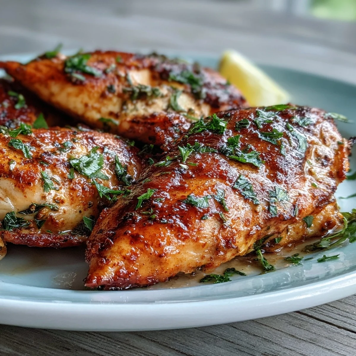 Golden-brown Oven Baked Chicken Breast rests on a plate, garnished with fresh parsley and lemon slices for a bright finish.