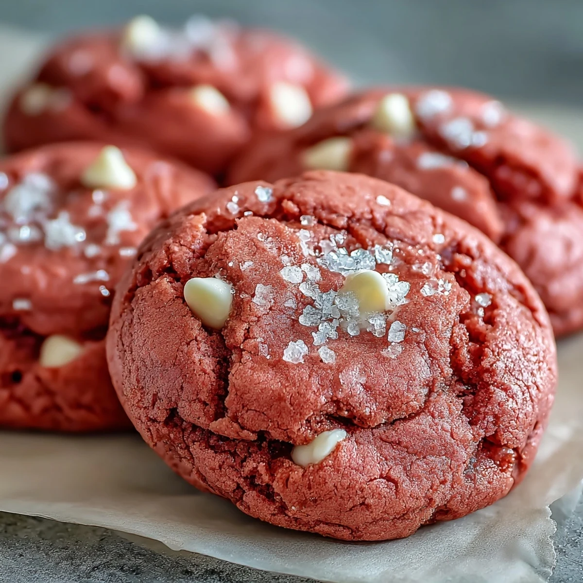 Close-up of soft Pink Velvet Cookies with gooey white chocolate chips, fresh from the oven.