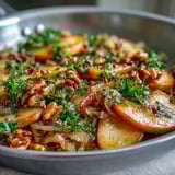 Warm, caramelized apples mingle with probiotic sauerkraut in this German-inspired skillet salad, served from a rustic cast-iron pan.