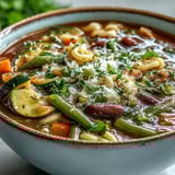 Hearty vegetarian Minestrone Soup simmers in a pot, showcasing diced zucchini, carrots, and creamy white beans in a flavorful Italian-style broth.