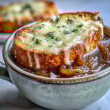 Savory Dutch Oven French Onion Soup ladled into an oven-safe crock, topped with a toasted baguette and melted cheese, ready to serve as a comforting meal.  