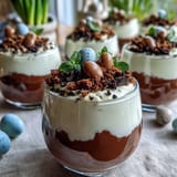 Chocolate pudding dirt cups topped with crushed Oreos and cute marshmallow bunnies, perfect for Easter parties and spring celebrations.  
