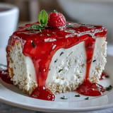 Creamy no-bake cheesecake with buttery crust and glossy raspberry coulis, ready to impress.