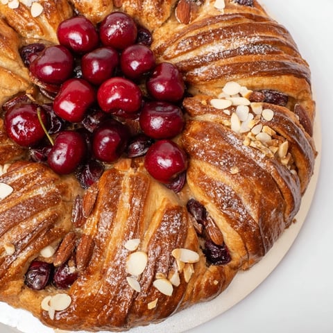 Golden-crusted Rustic Cherry and Vanilla Almond Galette, bubbling with sweet, juicy cherry filling, ready to serve.