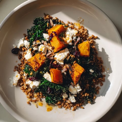 Vibrant Harvest Grain Bowl with roasted pumpkin, kale, and toasted pumpkin seeds, ready to enjoy.