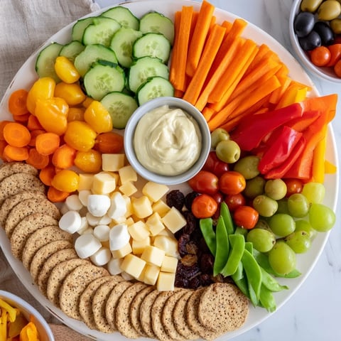 Colorful Veggie Snack Board – Adult Lunchable, a delicious assortment of fresh veggies, cheese, and dips.