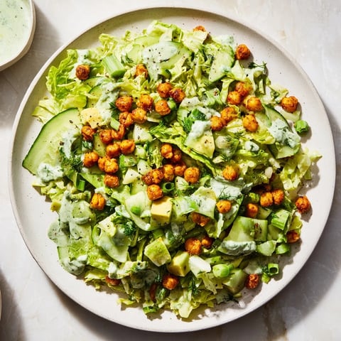 Green Goddess Salad with crispy chickpea topping, a vibrant vegetarian meal, ready to serve and enjoy.