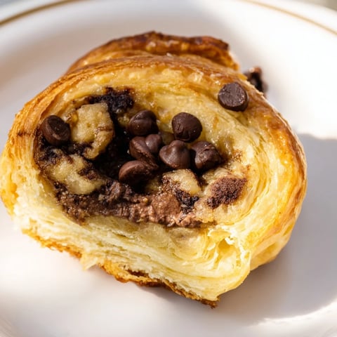 Golden-brown Viral Crookies, showing a flaky croissant wrapped around gooey chocolate chip cookie dough.