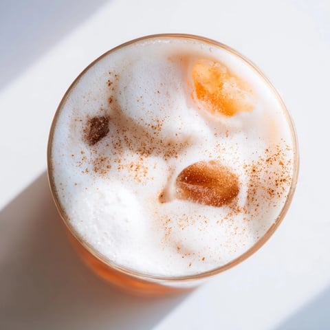 A clear view of an Iced Chai Tea with Cold Foam, garnished with a dusting of ground cinnamon in a tall glass.