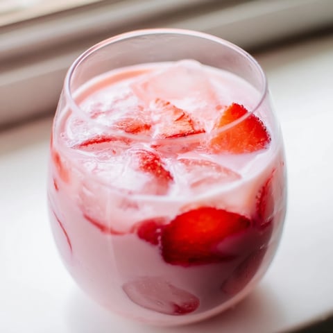 A glass of refreshing Refresher Copycat Pink Drink with ice cubes, fresh strawberry slices, and creamy coconut milk.  