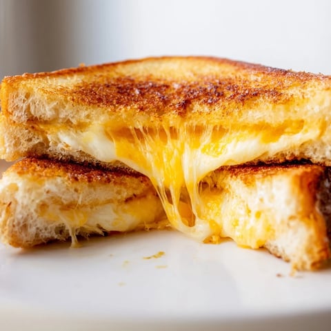 Golden-brown Three-Cheese Grilled Cheese sandwich sliced diagonally, revealing a gooey, melted blend of mozzarella, cheddar, and provolone.  