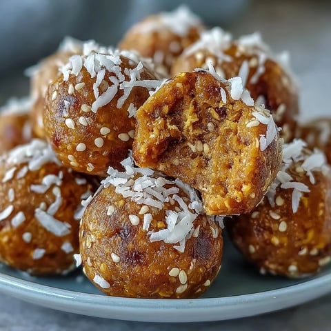 A close-up of golden-brown Ginger Turmeric Energy Balls rolled in shredded coconut on a marble counter.