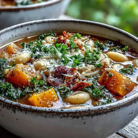 A steaming bowl of Fall Minestrone soup with butternut squash, kale, and pancetta, garnished with fresh parsley and Parmesan.