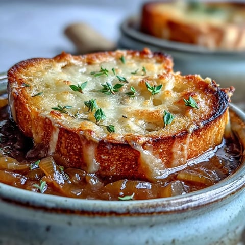 A steaming bowl of Dutch Oven French Onion Soup, featuring deeply caramelized onions and a golden, bubbly layer of melted Gruyère and baguette slices.  