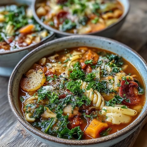 A steaming bowl of Winter Minestrone Soup With Butternut Squash and Kale, featuring tender vegetables and pasta in a rich, colorful broth.