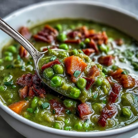 A bowl of steaming Split Pea and Ham Soup, dotted with tender peas and chunks of savory ham, perfect for a cozy winter meal.