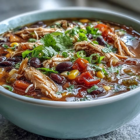 A steaming bowl of Southwestern Turkey Soup, brimming with tender turkey, black beans, and sweet corn in a rich, spiced tomato broth.  