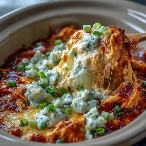 A warm bowl of Crock Pot Buffalo Chicken Dip, topped with melted cheese and fresh scallions, served with tortilla chips for dipping.  