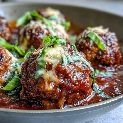 Garnished with fresh basil, these Cheesy, Garlicky Meatballs With Marinara simmer in a rich red sauce.