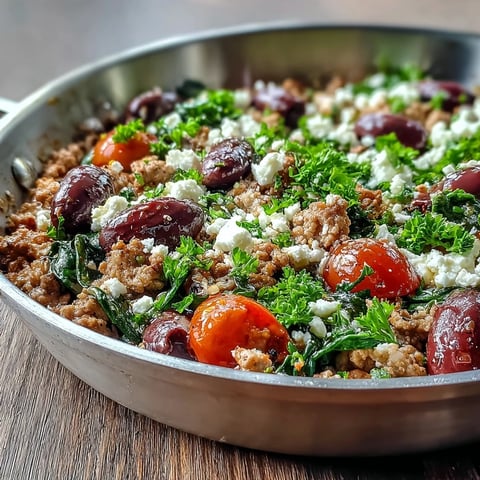 Sizzling Mediterranean Keto Ground Chicken Skillet with Olives and Feta, featuring bright cherry tomatoes and fresh parsley.