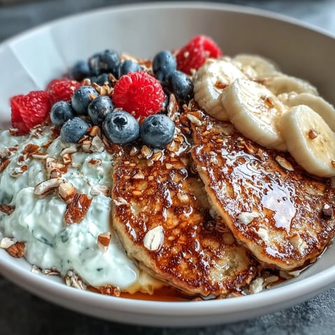 Golden-brown Protein Pancake Bowl filled with creamy Greek yogurt, fresh berries, sliced banana, and crunchy nuts, drizzled with honey on a wooden table.