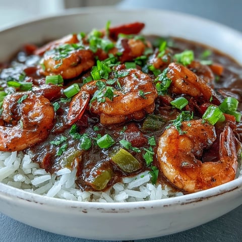 A close-up of Classic New Orleans Étouffée, featuring plump pink shrimp in a thick, dark roux sauce served over fluffy white rice.