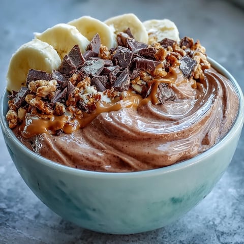 Thick and creamy Chocolate Peanut Butter Smoothie Bowl topped with banana slices and granola.