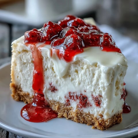 Freshly baked White Chocolate Raspberry Cheesecake with a graham cracker crust, topped with vibrant raspberry swirls and a dusting of powdered sugar.
