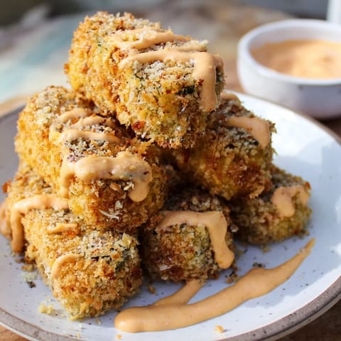 Oven-baked crispy zucchini rounds, dusted with Parmesan, alongside a bowl of creamy, spicy mayo sauce.