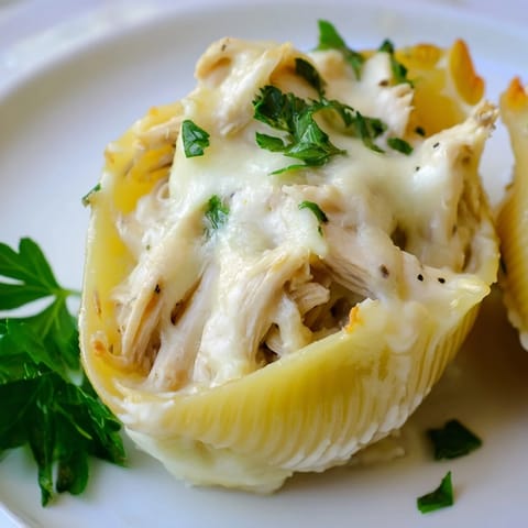 Golden-brown Chicken Alfredo Stuffed Shells served on a white plate with fresh parsley garnish.