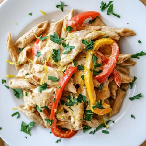 A close-up of Creamy Cajun Chicken Pasta Lite reveals golden chicken strips and al dente penne coated in a creamy Cajun sauce.