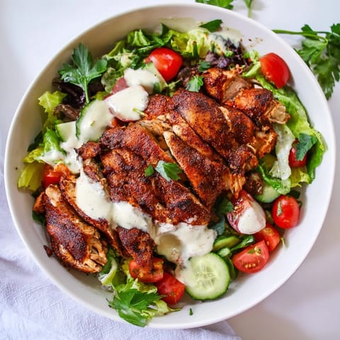 A vibrant Chicken Shawarma Salad Bowl features juicy, golden chicken atop fresh greens, diced cucumbers, tomatoes, and parsley, ready to enjoy.