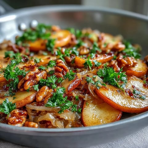 Warm, caramelized apples mingle with probiotic sauerkraut in this German-inspired skillet salad, served from a rustic cast-iron pan.