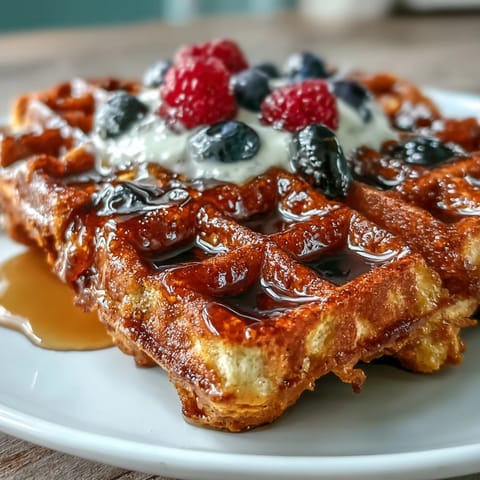 Savory-sweet Anti-Inflammatory Adaptogenic Turmeric Waffles studded with warm spices, served with sliced banana and a drizzle of maple syrup.  