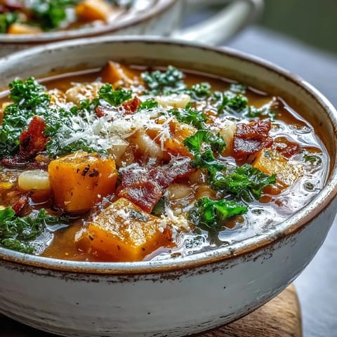 Hearty Fall Minestrone featuring ditalini pasta, creamy white beans, and savory pancetta in a rich autumn broth.