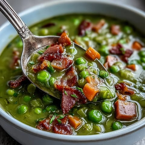 Close-up of rich green Split Pea and Ham Soup with a ladle scooping up the thick, hearty texture and a ham bone nearby.