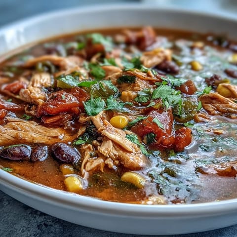 Southwestern Turkey Soup garnished with fresh cilantro, creamy avocado slices, and crushed tortilla chips for a crunchy Tex-Mex finish.  