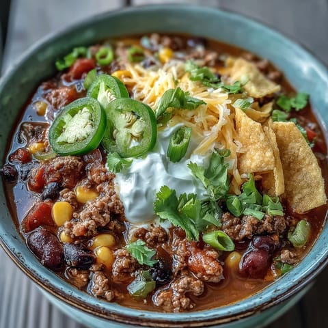 Close-up view of Taco Soup in a rustic bowl, loaded with seasoned beef, beans, corn, and vibrant red bell pepper.