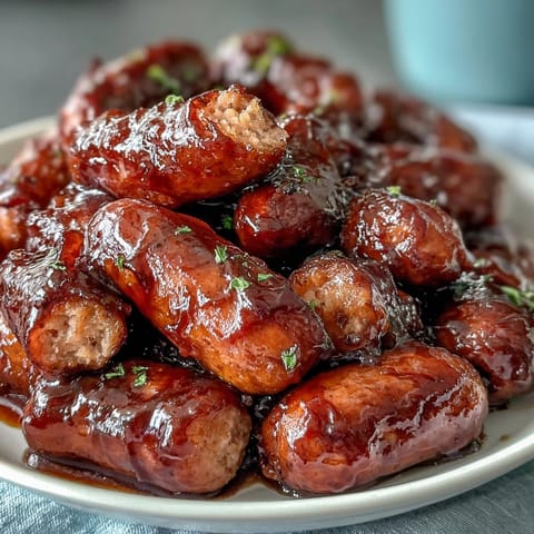 Tender smoked cocktail sausages simmering in sweet, tangy BBQ sauce in a crock pot for an easy party snack.