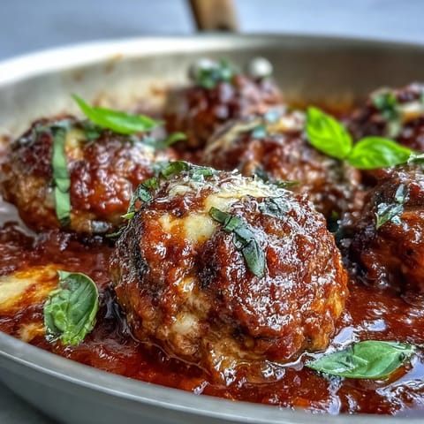 Served over spaghetti, tender Cheesy, Garlicky Meatballs With Marinara are topped with extra Parmesan.