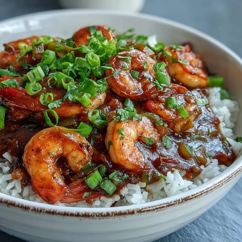 Overhead view of Classic New Orleans Étouffée, garnished with fresh parsley and green onions alongside steaming white rice in a rustic bowl.