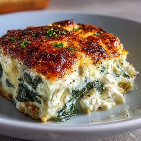 A freshly baked slice of High Protein Spinach Artichoke Bake on a white plate with a side salad.