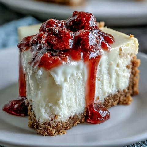 A slice of creamy White Chocolate Raspberry Cheesecake reveals rich white chocolate chunks and tangy raspberry sauce layered over a buttery crust.