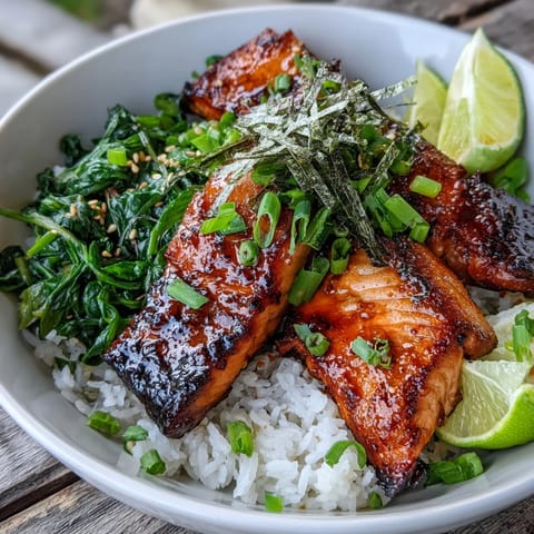 Flaky miso glazed salmon bowl with jasmine rice and sautéed spinach on a white bowl.  