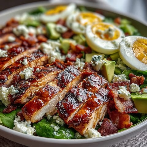 Freshly prepared Cobb Salad Bowl featuring chopped hard-boiled eggs, ripe tomatoes, and cool ranch dressing on greens.