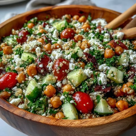 High Protein Quinoa & Chickpea Salad in a white bowl with fresh cherry tomatoes, cucumber, feta, and parsley.