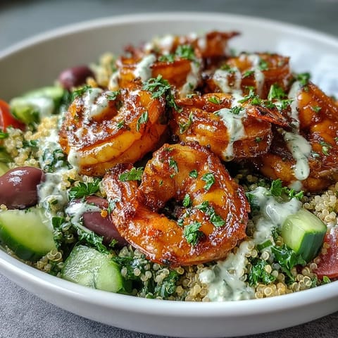 Succulent shrimp rests on a bed of quinoa and spinach in this easy, colorful Mediterranean shrimp bowl.