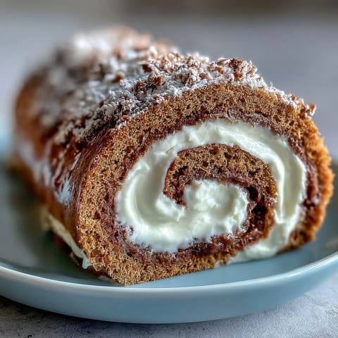 A perfect slice of Hojicha Roll Cake with roasted tea cream and fresh mango strips on a rustic wooden board.