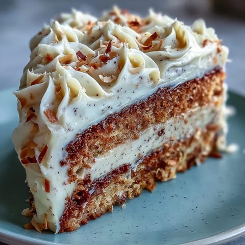Vegan Hojicha Latte Cake with toasted coconut flakes, showing moist crumb and creamy frosting on a white plate.
